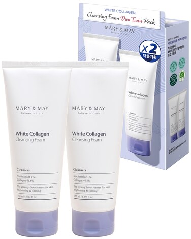 Mary&amp;May White Collagen Cleansing Foam Duo Twin Pack - Deep Cleansing, Hydrating Formula for Firm and Radiant Skin with Niacinamide - Korean Skincare, EWG Green Grade, Hypoallergenic
