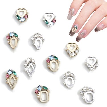 12 PCS Heart Diamond Frame Nail Charms - Sparkling Metal Nail Decorations for Korean Nail Art Designs