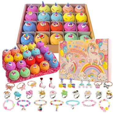 Kottke Kids Bath Bombs, 20 Organic Kids Bath Bombs with Jewelry Rings Inside, Non-Pierced Earrings and Ear Clips, Girls Birthday, Christmas, Easter, Valentine's Day Gift Set