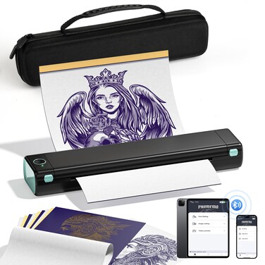 Tattoo Stencil Printer, Tattoo Printer, M08F Stencil Printer with 10 PCs Tattoo Transfer Paper, Bluetooth Stencil Printer for Tattooing Compatible with Phone &amp; PC, with 1 Case,203DPI