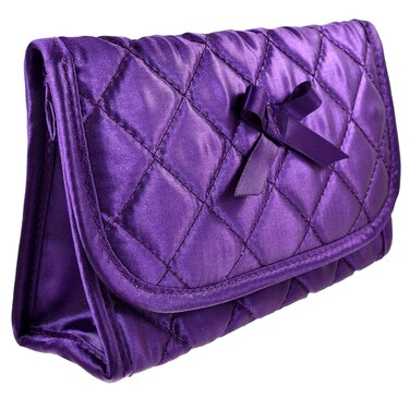 Travel Portable Purse Size Makeup Case Cosmetic Bag with Mirror, Quilted Satin Purple