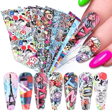 Nail Art Stickers Nail Foils Starry Sky Foil Transfer Nail Art Decals Snake Skin Flowers, Lips, Heart, Letters Nail Art Design for Women Girls Manicure Decor Acrylic Nails Supplies (10 Sheets)