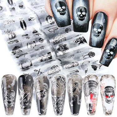 Punk Skull Nail Foil Transfer Stickers Decals Nail Art Foils Skeleton Skull Pirate Holographic Nail Art Film Design for Women Girls Manicure Tips Unique Decoration Acrylic Nails Decor (10 Sheets)
