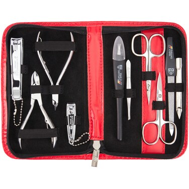 3 Swords Germany - brand quality 10 piece manicure pedicure grooming kit set for professional finger &amp; toe nail care scissors clipper fashion leather case in gift box, Made by 3 Swords (03614) Red