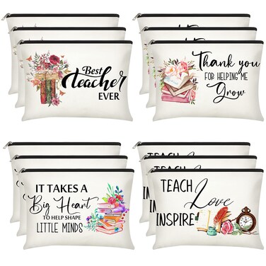 Hillban 12-Piece Canvas Pencil Bags with Zippers - Cosmetic Teacher Pouches for Organizing Accessories