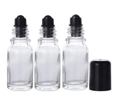 3Pcs 30ML Clear Glass Empty Refillable Roll-On Bottles with Stainless Steel Roller Ball and Black Cap Essential Oil Perfume Eye Essence Fluid Cosmetic Containers Dispense Sample Vials for Beauty