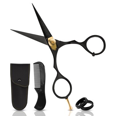 Charlemagne Hand-Forged Japanese Steel Hair, Beard &amp; Mustache Scissors - 5.5 Inch (Black), Cut Trim Groom Facial Hair - Mustache Grooming Kit For Men