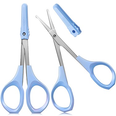 2 Pack Curved Craft Scissors Small Beauty Stainless Steel Trimming Eyebrow Scissors for Eyelash Extensions, Facial Nose Hair, 4 Inch(Blue)