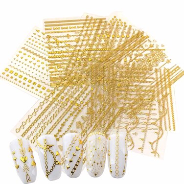 8 Sheets Gold Nail Art Stickers Decals 3D Self-Adhesive Nail Art Design Metallic Chains Line Triangle Heart Circle Nail Decoration Holographic Glitter Nail Supplies for Women Girls Manicure Sticker