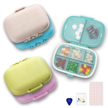 [5 Pack] Travel Pill Organizer 8 Compartments Easy Open Lid Portable Pill Case Daily Pill Organizer Moisture Proof Small Pill Box for Pocket (Blue+Light Blue+Pink+Khaki+Green)