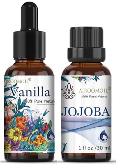 1+1 Fl Oz Travel Size Vanilla Bean Essential Oil Jojoba Oil Set Warm Scented Oils Perfume for Diffuser Skin Hair Massage Candle Soap Perfume Making Aromatherapy Refill Wick Scent Fragrance Oil