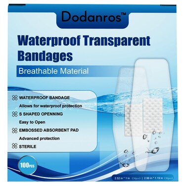 100 Count Waterproof Clear Adhesive Bandages, Stays on in The Pool, Wound Care Supplies, Assorted Sizes