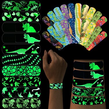 100 Pcs Glow in The Dark Bandage for Kids Cute Breathable Waterproof Neon Bandages for Girls Boys Children Toddlers Adhesive Flexible Wrap for Cuts, Scrapes, Wounds(Dinosaur)