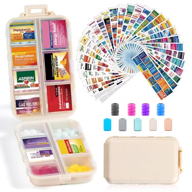 14 Grids Travel Pill Organizer Box with 415-Pcs Medicine Name Labels - Pocket Daily Pharmacy Case Container Kit - Travel Medication Holder Dispenser for Fish Oil Vitamin Supplement Storage - Khaki