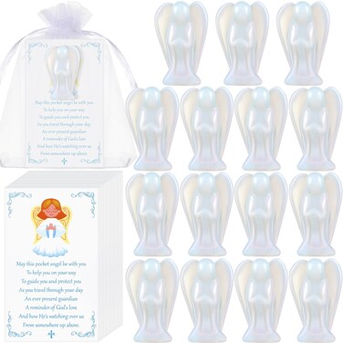 15 Set 45 Pcs Crystal Angel Figurines Bulk 1.5 Inch Guardian Pocket Angels Healing Statue Mini Angel Gemstones Carved Stones with Cards Organza Bags for Faith Peace Gifts Home Decor