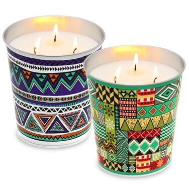 2 Pack Citronella Candles, Natural Soy Wax with 3 Wicks, Decorative Outdoor and Indoor Candle for Patio, Garden, Camping, Long-Lasting Burn in Vibrant Tribal Patterned Tins