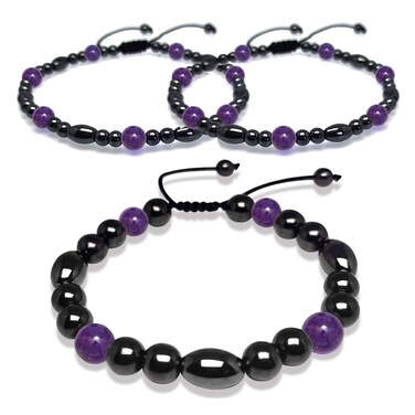 2 Pack Magnetic Therapy Anklet Bracelet Plus 1 Pack Magnetic Bracelet for Women/Men Weight LossBoost Metabolism, Keep Slimming Magnetic Therapy Hematite Purple Amethsyt Gemstone Anklet Bracelet Set