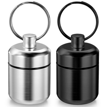 2 Pack Mini Case Keychain Holder Waterproof Metal Organizer Portable Travel Container Pocket Case with Carabiners for Outdoor Camping Travel (Black, Silver)