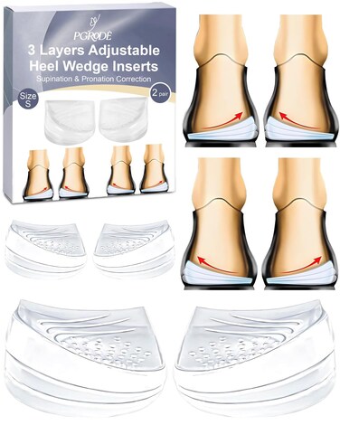 2 Pairs Foot Supination Correction Insoles, 3 Layers Adjustable Silicone Medial Lateral Heel Wedge, Over-Pronation Corrective Inserts for Women Men Feet Alignment, Bow Legs, Knee Pain (S)