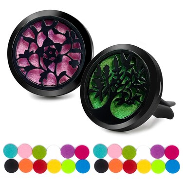 2 Pcs Car Diffuser Vent Clips, Car Automotive Air Fresheners Essential Oil Car Diffuser Clip 30mm Stainless Steel Black Locket with 24 Felt Pads (Tree and Flower)