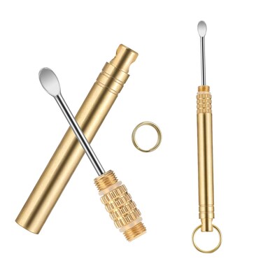 2 PCS Ear Wax Removal Tool, Brass Ear Scoop Folding Type Copper Ear-Pick Cleaner Portable Ear Wax Removal Tools Spiral Ear Clean Tool Attached A Key Ring Mini Tool Supplies, Gold