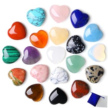 20PCS Hearts Healing Crystals Stones Love Natural Shaped Crystal Tiny Pocket Chakra Reiki Rose Quartz Amethyst Gemstones Heart Palm Polished Set Bulk Balancing Cute Valentine Gifts for Women
