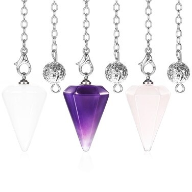 3 Pcs Crystal Pendulums Set for Divination Dowsing Amethyst Rose Quartz Clear Quartz 6 Faceted Hexagonal Pointed Cone Resin Spiritual Gemstone Pendant Witchcraft Accessories