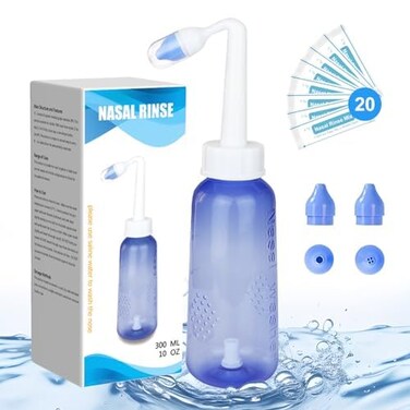 300 ML Nasal Rinse Neti Pot Sinus Rinse Bottle Gentle Nasal Wash Bottle Nose Cleaner Comfortable for Adult &amp; Kid Effective Pressure Irrigatio with 20 Nasal Wash Salt Packets BPA Free