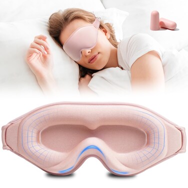 3D Sleep Mask with Earplugs, 100% Light Blackout Eye Mask for Sleep, Washable Sleeping Mask, 0 Pressure Eye Covers for Sleep with Wider Adjustable Strap, Only 1.3oz Light Soft Sleeping Mask (Pink)