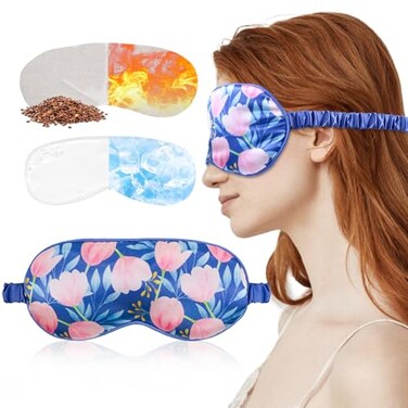 3in1 Heated Cold Eye Mask Silky Sleep Mask with Cooling Gel &amp; Microwavable Heating Flaxseed Pad Warm Compress for Dry Eyes Sleeping Women Beauty Blindfold for Migraine Puffy Swollen