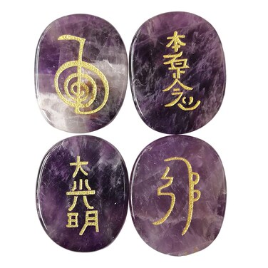 4 Pcs Amethyst Engraved Chakra Stones Healing Crystal Reiki Balancing Palm Stone, 25mm