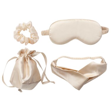 4 Pcs Artificial Silk Sleep Masks Hair Scrunchies Headband and Pouches Soft Eye Mask Cover Stain Blackout Blindfold for Sleeping Wedding Bridesmaid Gifts Beige