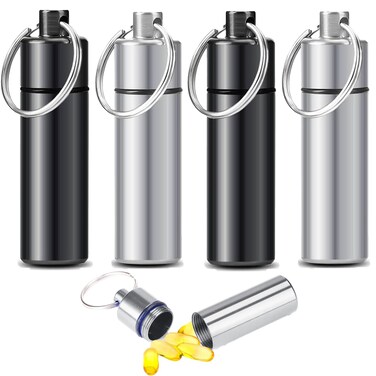 4pcs Pill Case, Travel Pill Case, Keychain Pill Holder, Portable Container Mini Metal Case,Small Portable Waterproof Pill Boxes with Keychain, Medicine Bottle for Outdoor Camping Travel