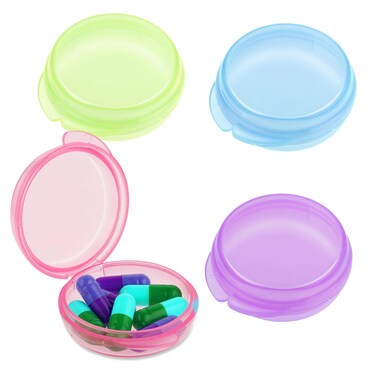 4Pcs Small Pill Box Cute Portable Pill Case Travel Pills Organizer Case Medicine Dispenser Earplug Container Vitamin Holder Liver Oil Storage Case for Women Men Pocket Purse Briefcase