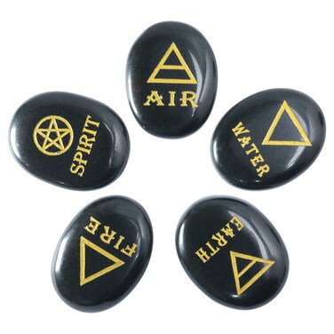 5 Elements Black Tourmaline Stones Engraved Triangle Symbols (Earth Air Fire Water Spirit) Polished Palm Stones for Gemstone Reiki Crystals Healing Pocket Stones Good Luck Gift