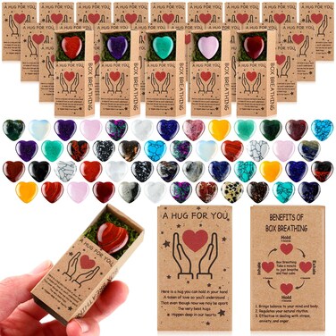 50 Sets Small Natural Heart Healing Gifts Bulk Small Crystals Heart Healing Stones with Boxes Mini Heart Shape Love Stones Breathing Stress Relief Gifts for Women Wife Teacher Employee