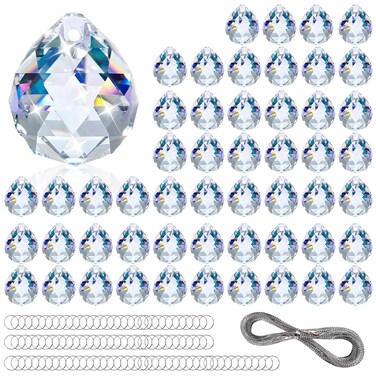 50PCS Clear Crystal Ball Prism 20mm Suncatcher Chandelier Pendants Maker with 100PCS Metal Rings and 10M Sliver Chain,Hanging Crystals Prisms for Windows Feng Shui Gift Wedding Christmas Party