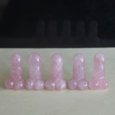 5pcs Mini Carved Gemstone Crystal Man genital Penis Testicle Figurine Lovely Pocket Stone 1'' (Rose Quartz)