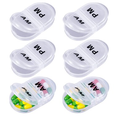 6 Pack Pill Organizer Pocket Small Case Holder Am Pm Pill Case Portable Two Compartment Round Travel 2 Times a Day for Vitamin Medication Supplement(Clear)