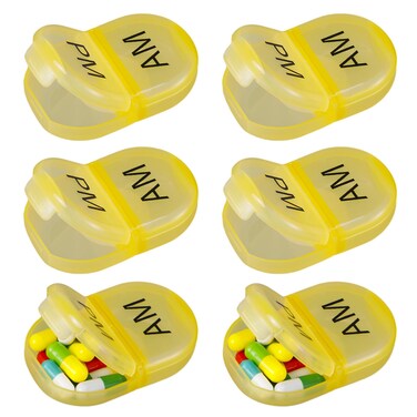 6 Pack Pill Organizer Pocket Small Case Holder Am Pm Pill Case Portable Two Compartment Round Travel 2 Times a Day for Vitamin Medication Supplement(Yellow)