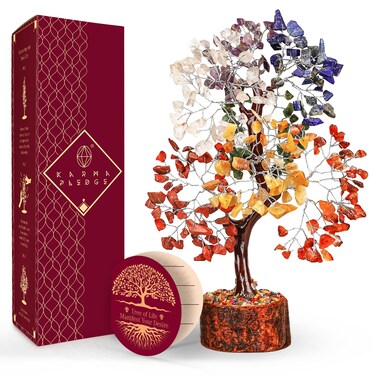 7 Chakra Healing Crystal Tree of Life with Manifestation Card, Handmade Silver Wire Crystal Tree for Good Luck, Positive Energy, Wealth, Reiki Healing, and Decor, Gift for Women and Mom