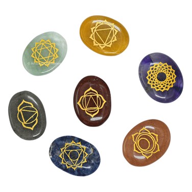 7 Chakra Oval Set Reiki Healing Crystal with Engraved Chakra Symbols - Chakra Balancing Polished Palm Stones Set with Velvet Pouch