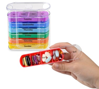 7 Day Pill Box Organizer, Hard Case with Embedded Magnet, 7 Stackable Trays, Perfect for Travel and Home Use.