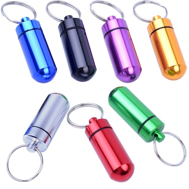 7Pcs Pill Box Holders,Mini Portable Waterproof Aluminum Pill Case with Keyring for Traveling,Camping,Hiking,Outdoor Sports