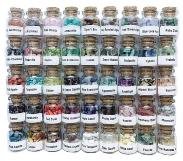 A Set of 45 Different Crystal Gemstones in Glass Bottles, Chakra Healing Crystals, Witchcraft Crystals, Metaphysic Tumbled Crystal Chip Chakra Stones Set