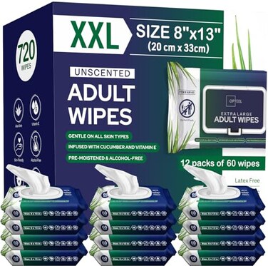 Adult Wipes For Elderly - 8"x13" 720ct (12 Packs of 60) Huge &amp; Soft Non-Flushable Body Wipes for Adults Bathing No-Rinse - Incontinence Disposable Washcloths, Vitamin E &amp; Aloe Infused Shower Wipes.