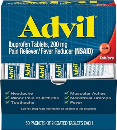 Advil Ibuprofen Tablets, 200 mg Pain Reliever/Fever Reducer (NSAID), 100 Tablets (50 Packets of 2 Tablets Each)