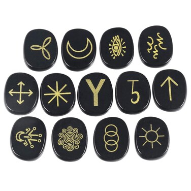 Amogeeli Obsidian Witch Runes Set of 13pcs, Gypsy Symbols Engraved Pocket Crystal for Divination