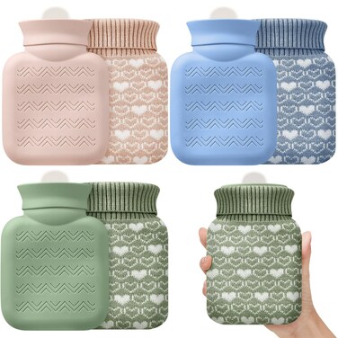 Amylove 3 Pcs Mini Hot Water Bottle 320ml Silicone Cold Compress with Cover Microwave Water Bottles Small Hot Water Bag for Travel Pain Relief Holiday Gifts(Beige, Green, Blue)