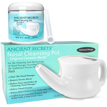 ANCIENT SECRETS Neti Pot &amp; Nasal Cleansing Salt Set - Ceramic Nasal Cleansing System + Non-Iodized Pure Salt, Sinus Relief, Allergy Spray Alternative (2 Piece Set)